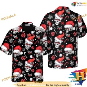 Skulls & Candy Canes Christmas Aloha Shirt, Mens Christmas Hawaiian Shirt