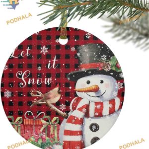Snowman Birds 2023 Ornament, Red Black Plaid Xmas Decor, Family Tree Keepsake