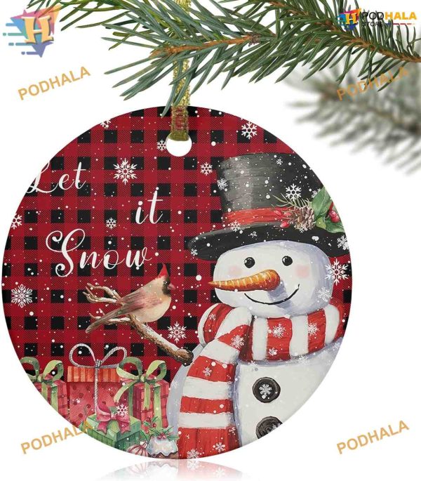 Snowman Birds 2023 Ornament, Red Black Plaid Xmas Decor, Family Tree Keepsake