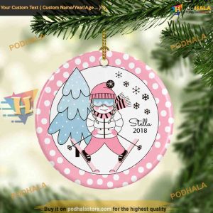 Snowy Slopes Personalized Ornament for Girls, Winter Fun & Festive Pink