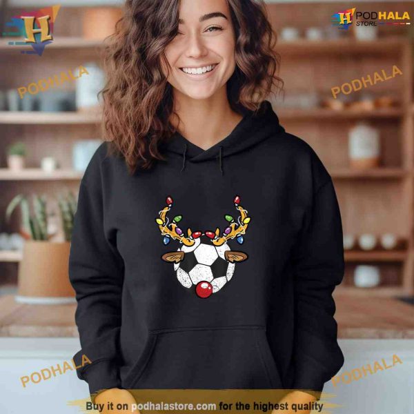 Soccer Ball Reindeer Christmas Pajama XMas Lights Sport Shirt Hoodie