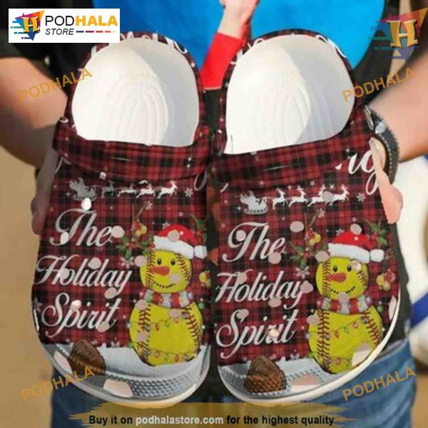 Softball Snowman Red Check Plaid Crocs, Christmas Softball Player Holiday Spirit