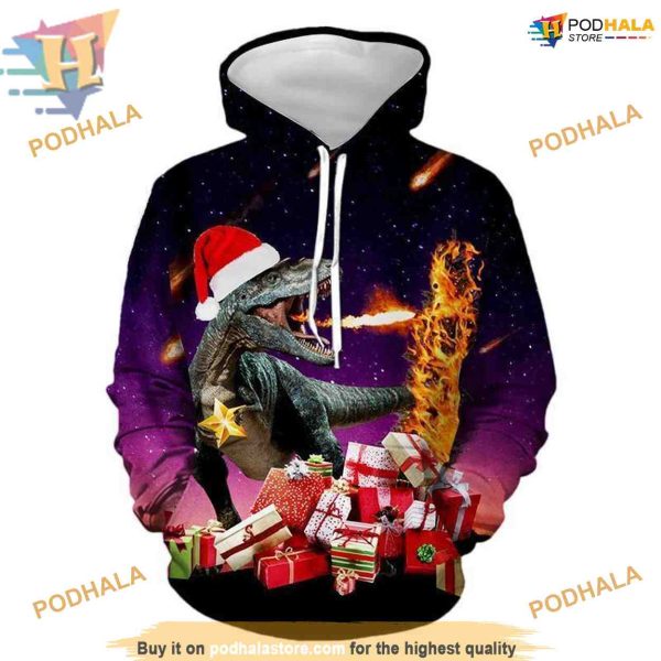 Starry Dino 3D Christmas Hoodie, Creative Xmas Gifts