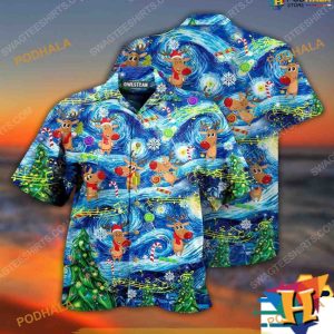 Starry Night & Reindeer Aloha Shirt Christmas Shirt, Santa Hawaiian Shirt