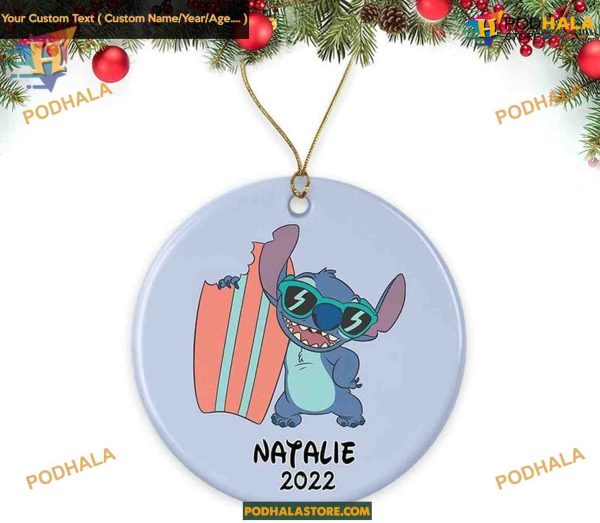 Summer Stitch with Surfboard Ornament 2023, Personalized Kids Christmas Decoration