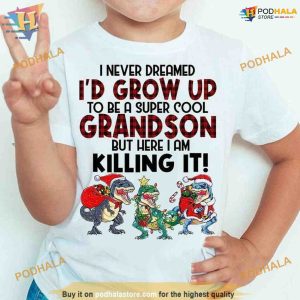 Super Cool Grandson T-Rex Santa Hat Shirt, Funny Christmas Shirt For Family
