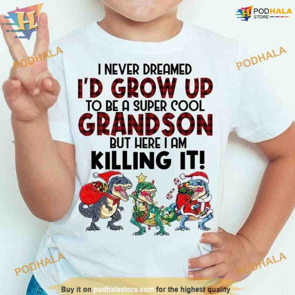 Super Cool Grandson T-Rex Santa Hat Shirt, Funny Christmas Shirt For Family