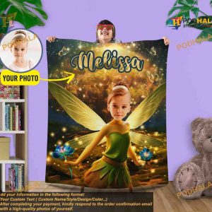 Tinkerbell Photo Blanket for Girls, Personalized Fairy Gift, Custom Face
