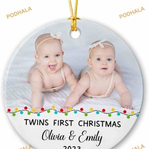 Twins First Christmas 2023 Personalized Photo Ornament, Custom Baby Ceramic Keepsake