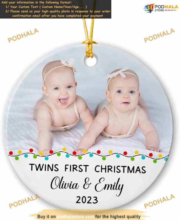 Twins First Christmas 2023 Personalized Photo Ornament, Custom Baby Ceramic Keepsake