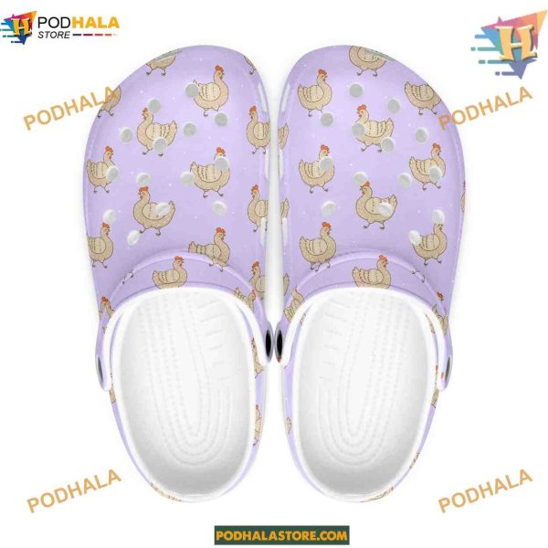 Unisex Chicken Crocs Clogs, Purple Chickens, Garden-Friendly Slippers