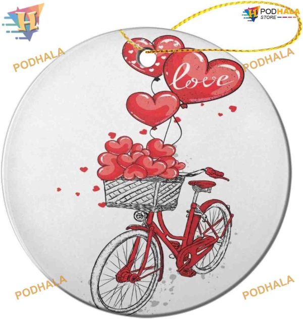 Valentine Bicycle Christmas 2023 Ornament, Heart & Balloons Design