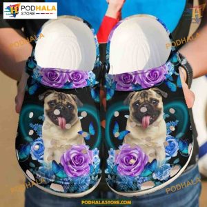 Valentine's Purple Roses Pug Flowers & Butterflies, Humorous Crocs