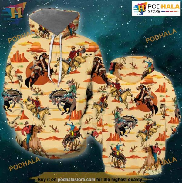 Vintage Cowboy Riding Horse All Over Printed 3D Hoodie Sweatshirt