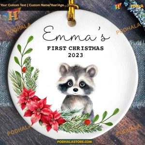 Watercolor Raccoon Baby's 1st Christmas Ornament 2023, Personalized Keepsake