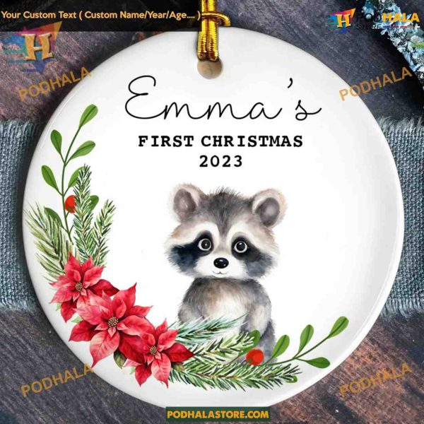 Watercolor Raccoon Baby’s 1st Christmas Ornament 2023, Personalized Keepsake