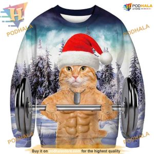 Weightlifting Cat Xmas Sweatshirt 3D Hoodie, Funny Xmas Gifts