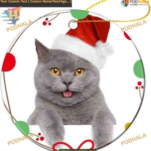 White Cat in Red Hat Ceramic Christmas Ornament, 2023 Children's Keepsake
