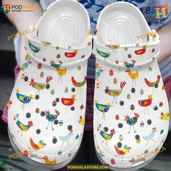 White Pattern Chicken White Sole Crocs, Trendy Footwear for All