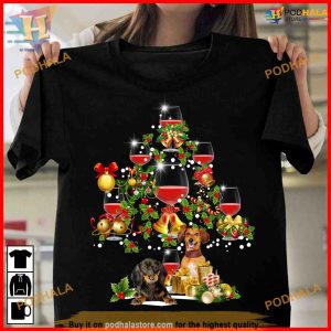 Wine & Dachshund Xmas Tree Shirt, For Wine Lovers' Funny Xmas Gifts