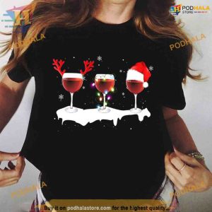 Wine & Lights Santa Xmas Shirt, Festive Family Funny Christmas Shirt