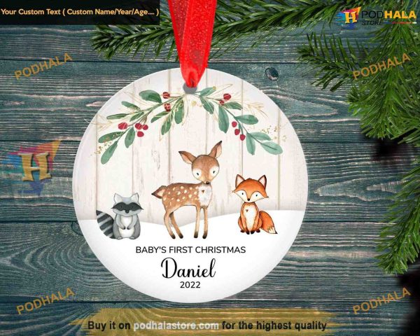 Woodland Baby’s 1st Christmas Ornament, Personalized Newborn Gift
