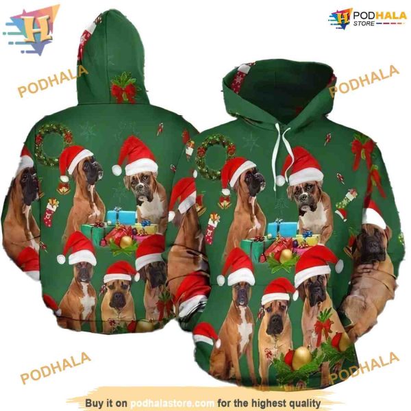 Xmas Boxer Pattern On Green 3D Funny Christmas Hoodie Shirt Sweatshirt