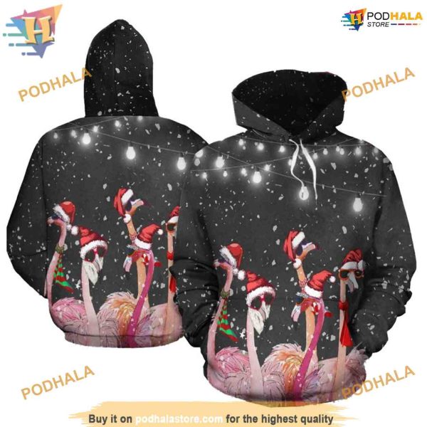 Xmas Flamingo Pattern On Black 3D Funny Christmas Hoodie Shirt Sweatshirt