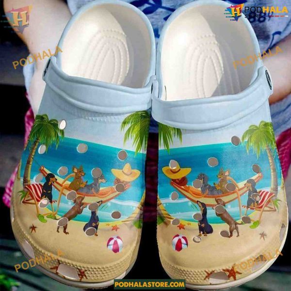 Beach-Themed Dachshund Crocs, Perfect for Summer Dog Lovers