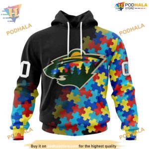 Custom Black Autism Awareness Design NHL Minnesota Wild Hoodie 3D 1