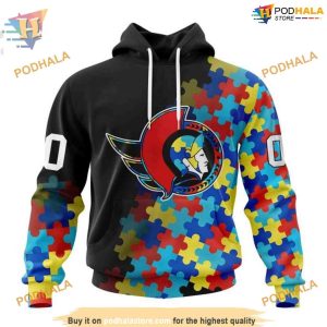 Custom Black Autism Awareness Design NHL Ottawa Senators Hoodie 3D 1