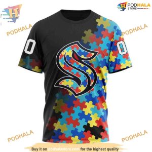 Custom Black Autism Awareness Design NHL Seattle Kraken Hoodie 3D 3