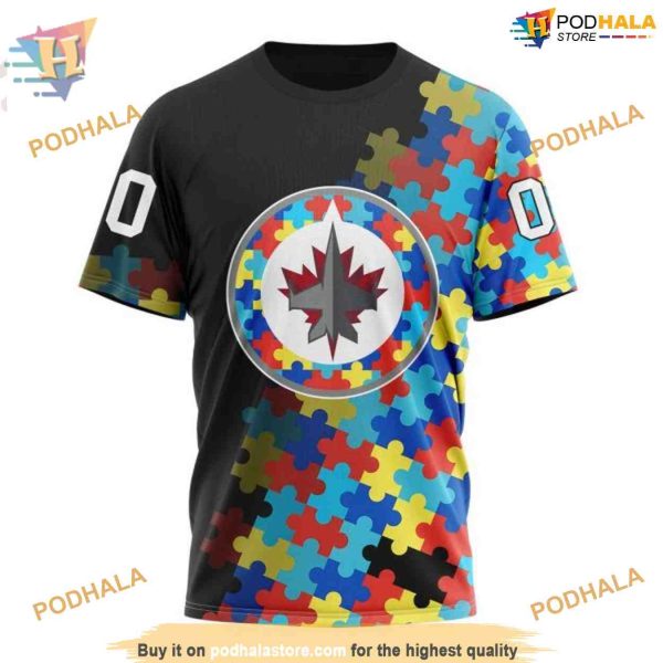 Custom Black Autism Awareness Design NHL Winnipeg Jets Hoodie 3D