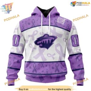 Custom Lavender Fight Cancer NHL Minnesota Wild Hoodie 3D 1