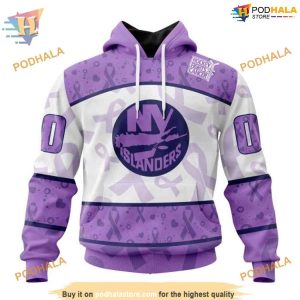 Custom Lavender Fight Cancer NHL New York Islanders Hoodie 3D 1
