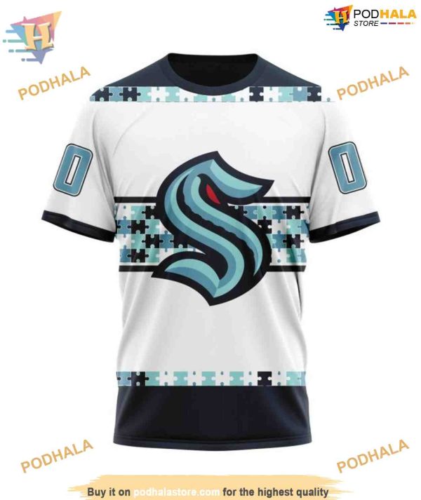 Custom Name And Number Autism Awareness NHL Seattle Kraken Hoodie 3D