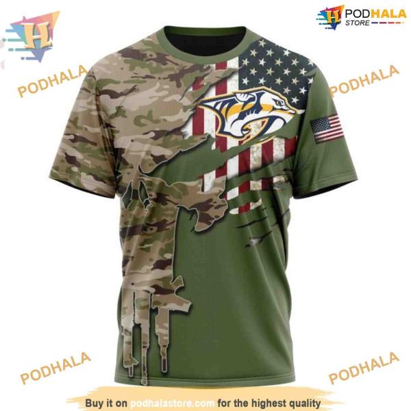 Custom Name And Number Camo Skull Design NHL Nashville Predators Hoodie 3D