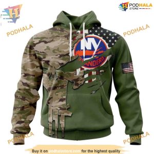Custom Name And Number Camo Skull Design NHL New York Islanders Hoodie 3D 1
