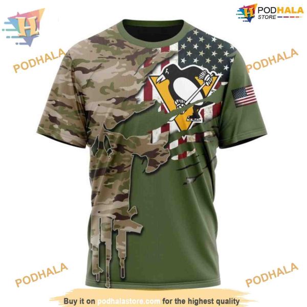Custom Name And Number Camo Skull Design NHL Pittsburgh Penguins Hoodie 3D