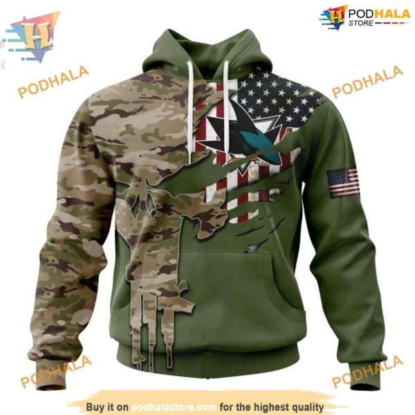 Custom Name And Number NHL San Jose Sharks Hoodie 3D, Camo Skull Design Shirt