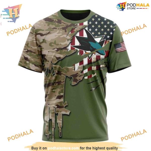 Custom Name And Number NHL San Jose Sharks Hoodie 3D, Camo Skull Design Shirt