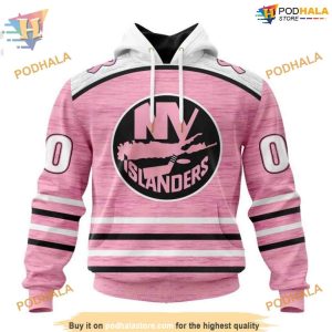 Custom Pink Fight Breast Cancer Design NHL New York Islanders Hoodie 3D 1
