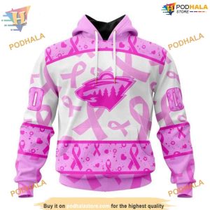 Custom Pink October Breast Cancer Awareness Month NHL Minnesota Wild Hoodie 3D 1