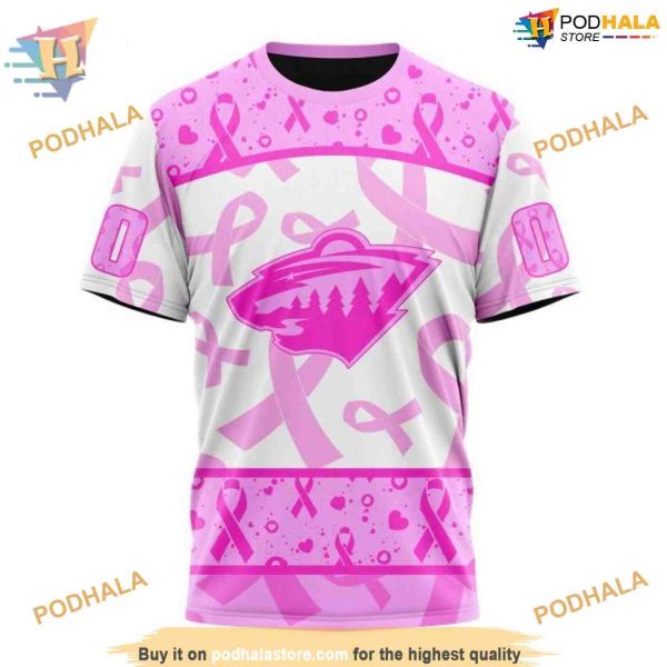 Custom Pink October Breast Cancer Awareness Month NHL Minnesota Wild Hoodie 3D