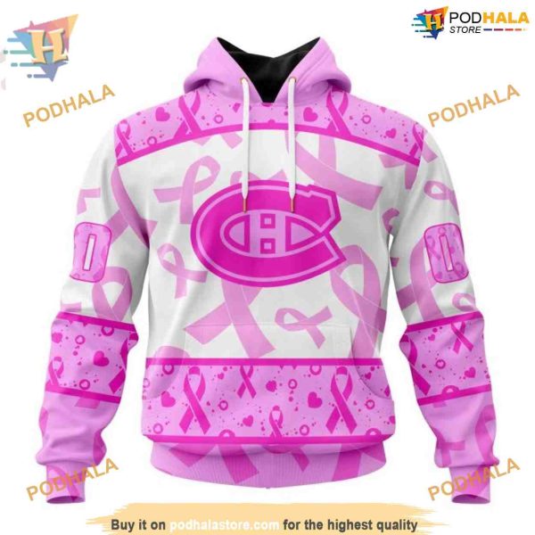 Custom Pink October Breast Cancer Awareness Month NHL Montreal Canadiens Hoodie 3D