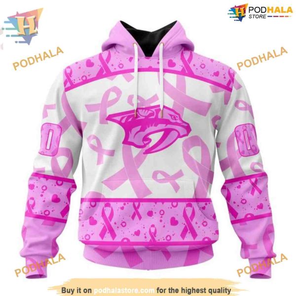 Custom Pink October Breast Cancer Awareness Month NHL Nashville Predators Hoodie 3D