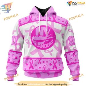 Custom Pink October Breast Cancer Awareness Month NHL New York Islanders Hoodie 3D 1