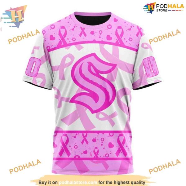 Custom Pink October Breast Cancer Awareness Month NHL Seattle Kraken Hoodie 3D