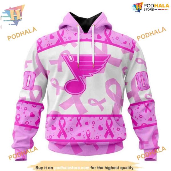 Custom Pink October Breast Cancer Awareness Month NHL St. Louis Blues Hoodie 3D