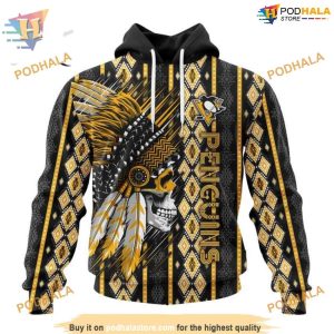 Custom Skull Native Design NHL Pittsburgh Penguins Hoodie 3D 1